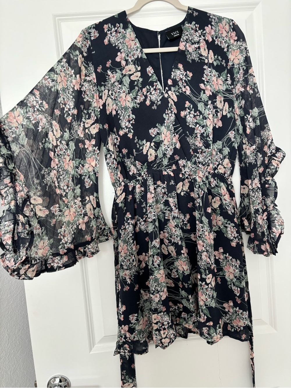 VICI Black Floral Long-Sleeve Mini Dress with Pink Blossoms